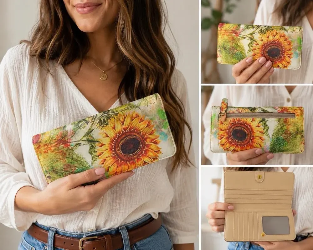 Women’s Sunflower Floral Continental Wallet Bifold Clutch Zip Pocket Boho NWO